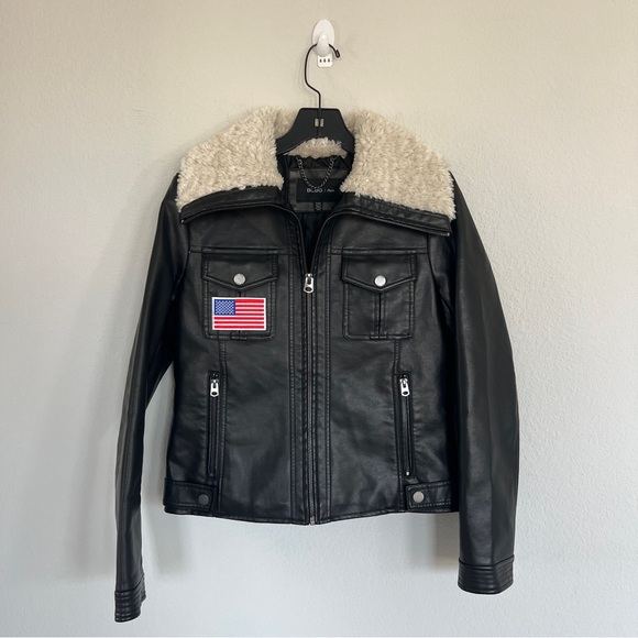 BCBG Paris Black Faux Leather Jacket with Shearling Collar & American Flag Patch - Picture 1 of 11